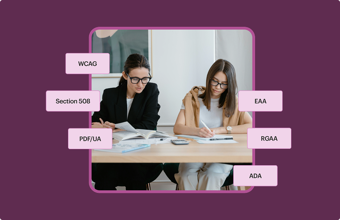 Two people taking notes surrounded by pop up word boxes that say EAA, RGAA, ADA, PDF/UA, Section 508, and WCAG.