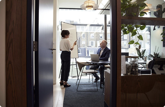 Two colleagues collaborating together in a bright office.