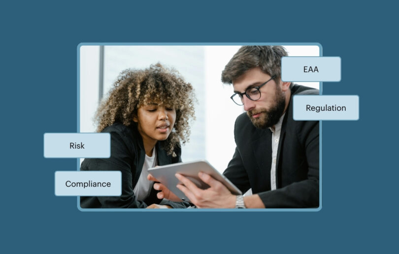 image of two people looking at an iPad together with the following words overlaid: Compliance Risk Regulation EAA