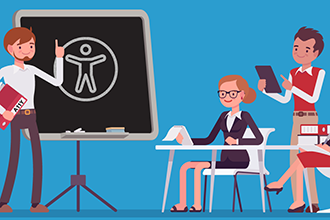 Cartoon of woman with glasses sitting at a desk with a notepad, looking at a chalkboard with the accessibility symbol that a person is standing next to and presenting to the room