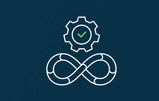 Graphic with a gear with a checkmark over top of an infinity symbol