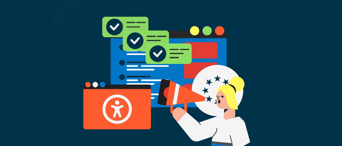 A woman using a megaphone positioned with the accessibility icon