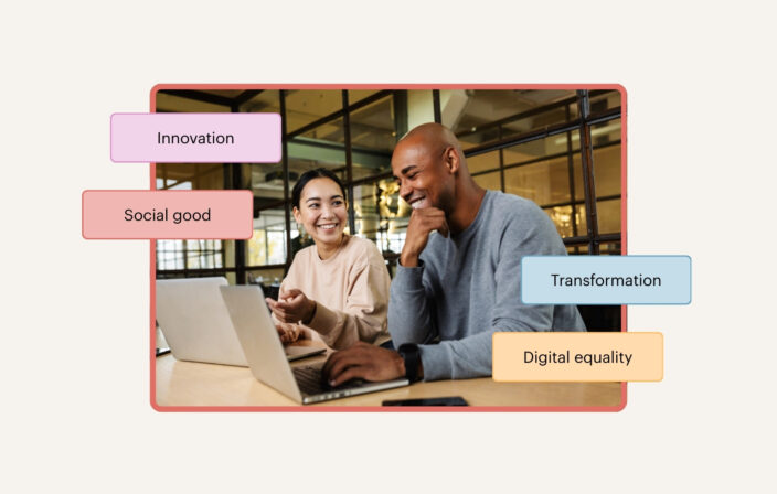 Image of two people at laptops smiling and looking confident, with words overlayed: Innovation, social good, transformation, digital equality