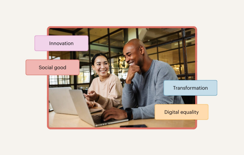 Image of two people at laptops smiling and looking confident, with words overlayed: Innovation, social good, transformation, digital equality