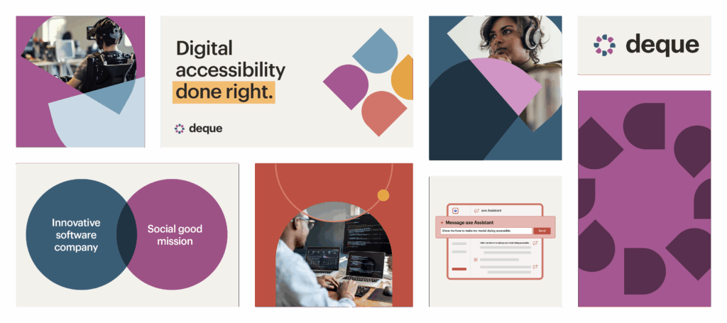 Moodboard containing elements of the Deque rebrand, including logos, graphic elements, colors, and language.