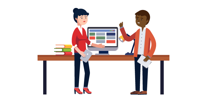 cartoon of two people standing in front of a desk conversing