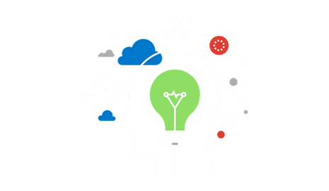 Graphic of abstract head with a light bulb inside and gears, clouds, and question marks surrounding it