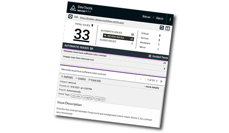 Illustration of an Axe DevTools report showing 33 accessibility issues.