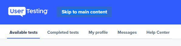 Showing the User testing platform with Skip to main content link in focus