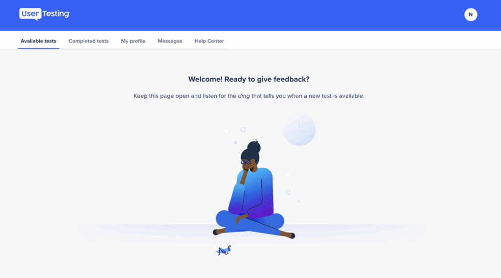 View of UserTesting's contributor dashboard, empty with no feedback