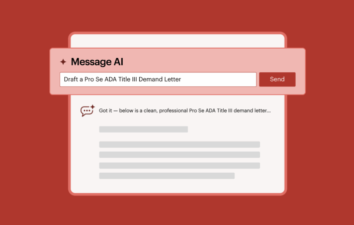 Illustration of a ChatGPT-like window with a sample prompt which reads Draft a Pro Se ADA Title III Demand Letter