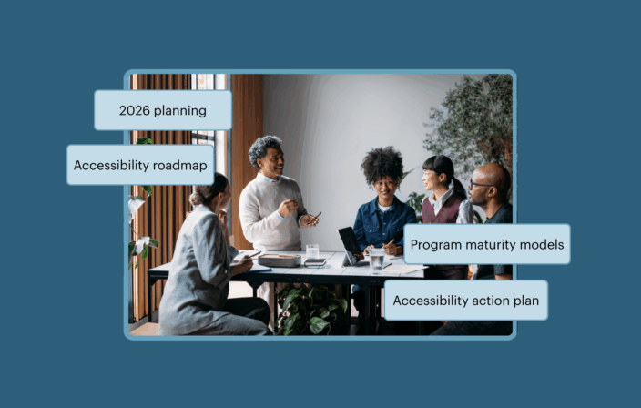Image of 5 individuals around a desk and laptop, having a business discussion. The image has 4 callout boxes, with the words: 2026 planning, accessibility roadmap, program maturity models, and accessibility action plan.