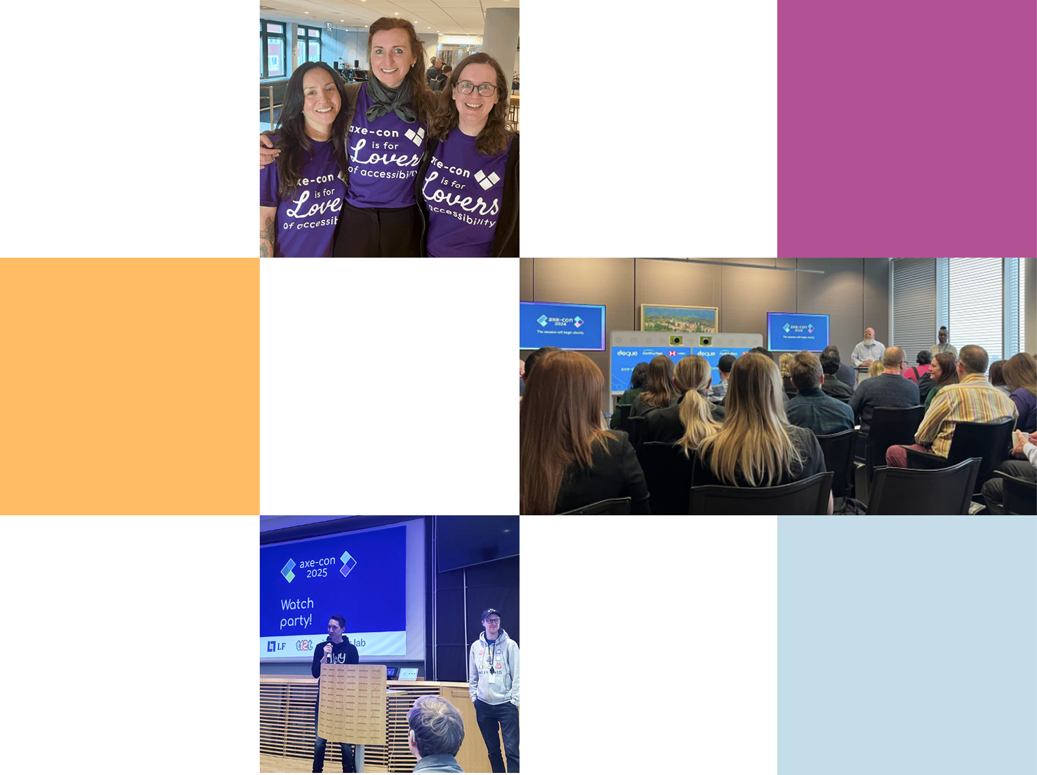 A collage of photos from past events, smiling attendees wear their axe-con shirts and gather to watch online together.