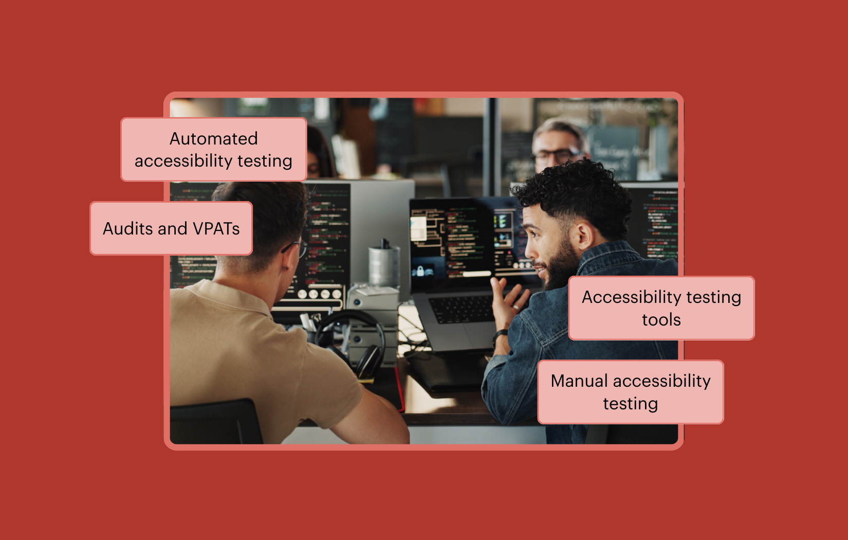 A picture of developers working at laptops, with the following words overlaid in call-out boxes: Automated accessibility testing, Manual accessibility testing, Accessibility testing tools, Audits and VPATs