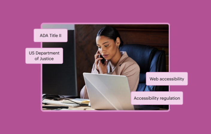 Image of a woman at her desk, on the phone, with an open laptop. The image is overlaid with four call-out boxes, containing the words: ADA Title II, US Department of Justice, Web accessibility, and Accessibility regulation.