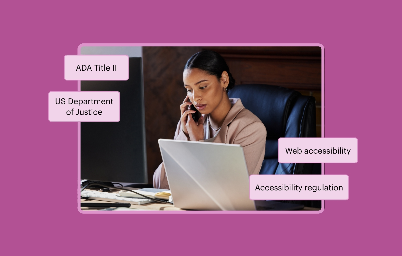 Image of a woman at her desk, on the phone, with an open laptop. The image is overlaid with four call-out boxes, containing the words: ADA Title II, US Department of Justice, Web accessibility, and Accessibility regulation.