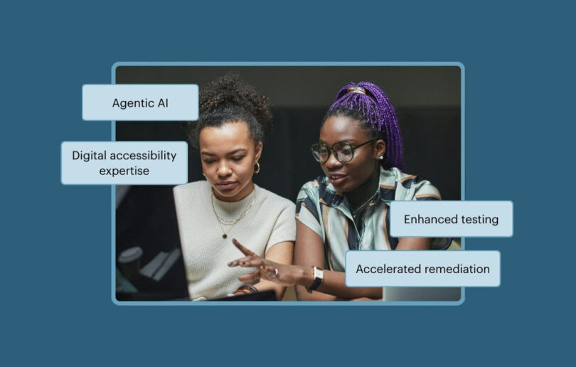 Two developers collaborating at a laptop. The callout text reads Agentic AI, Digital accessibility expertise, Enhanced testing, and Accelerated remediation.