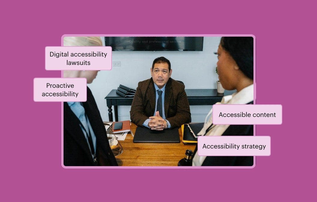 Legal consultation meeting across a desk. The callout text reads Digital accessibility lawsuits, Proactive accessibility, Accessible content, and Accessibility strategy.