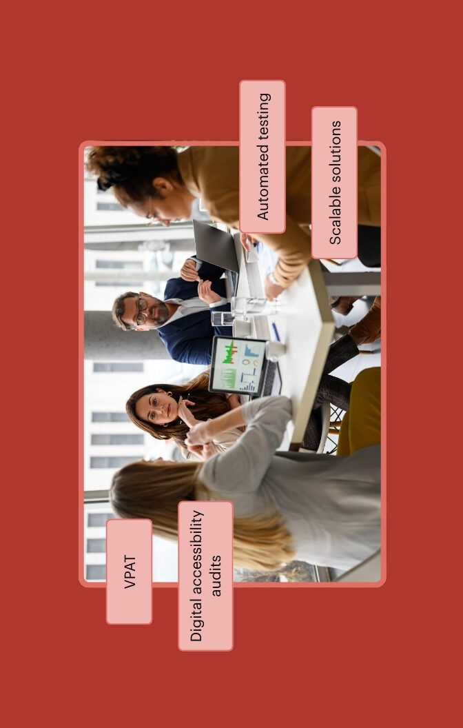 Team reviewing analytics on a laptop during a meeting. The callout text reads Digital accessibility audits, VPAT, Automated testing, and Scalable solutions.