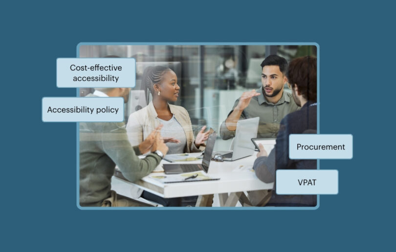 Team meeting with laptops and documents on the table. The callout text reads Cost-effective accessibility, Accessibility policy, Procurement, and VPAT.