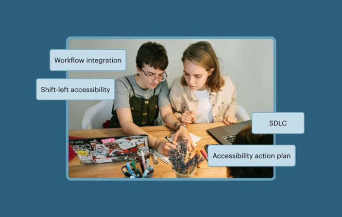 Two colleagues working at a table with laptops and notebooks. The callout text reads Shift-left accessibility, Workflow integration, SDLC, and Accessibility action plan.