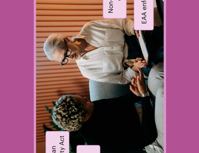 Two professionals discussing compliance requirements. The callout text reads European Accessibility Act, Compliance requirements, Non-conformance deadlines, and EAA enforcement.