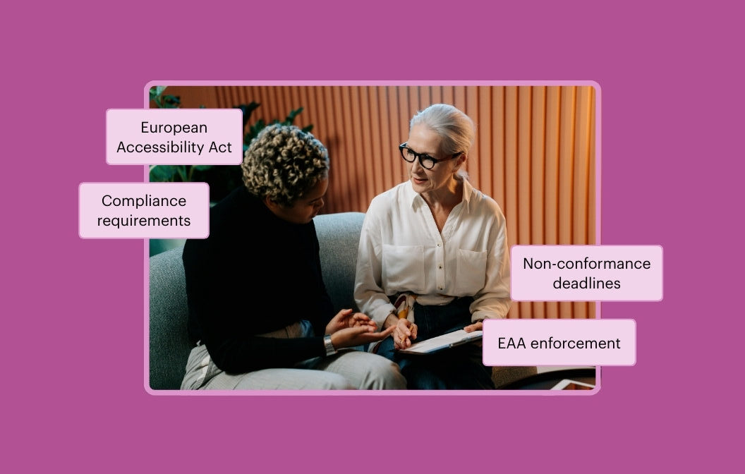 Two professionals discussing compliance requirements. The callout text reads European Accessibility Act, Compliance requirements, Non-conformance deadlines, and EAA enforcement.