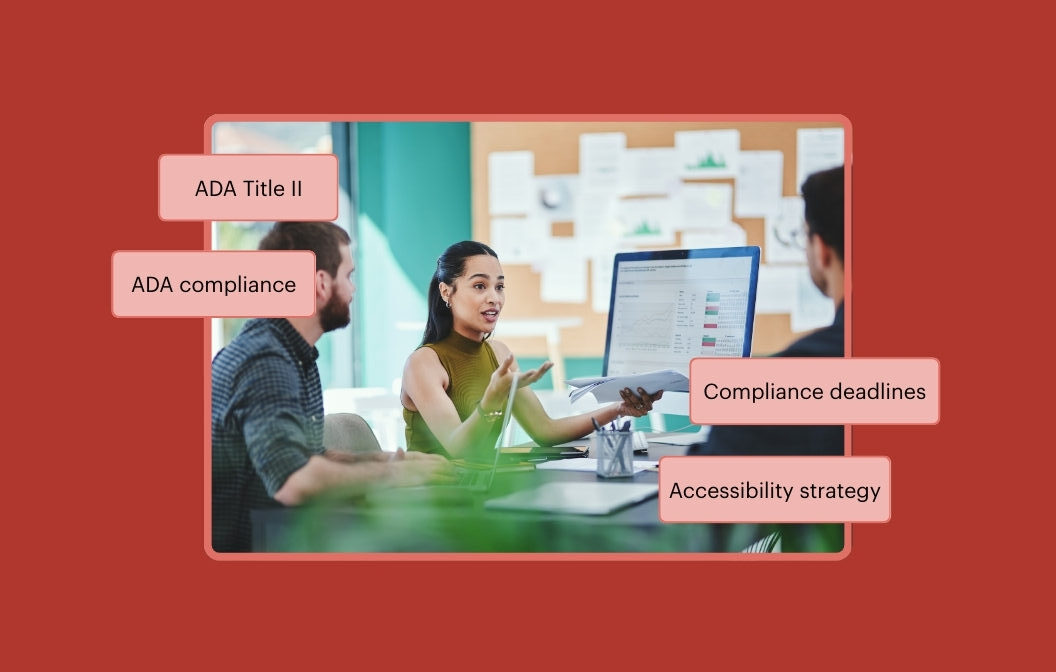 Team reviewing charts on a screen during a meeting. The callout text reads ADA Title II, ADA compliance, Compliance deadlines, and Accessibility strategy.