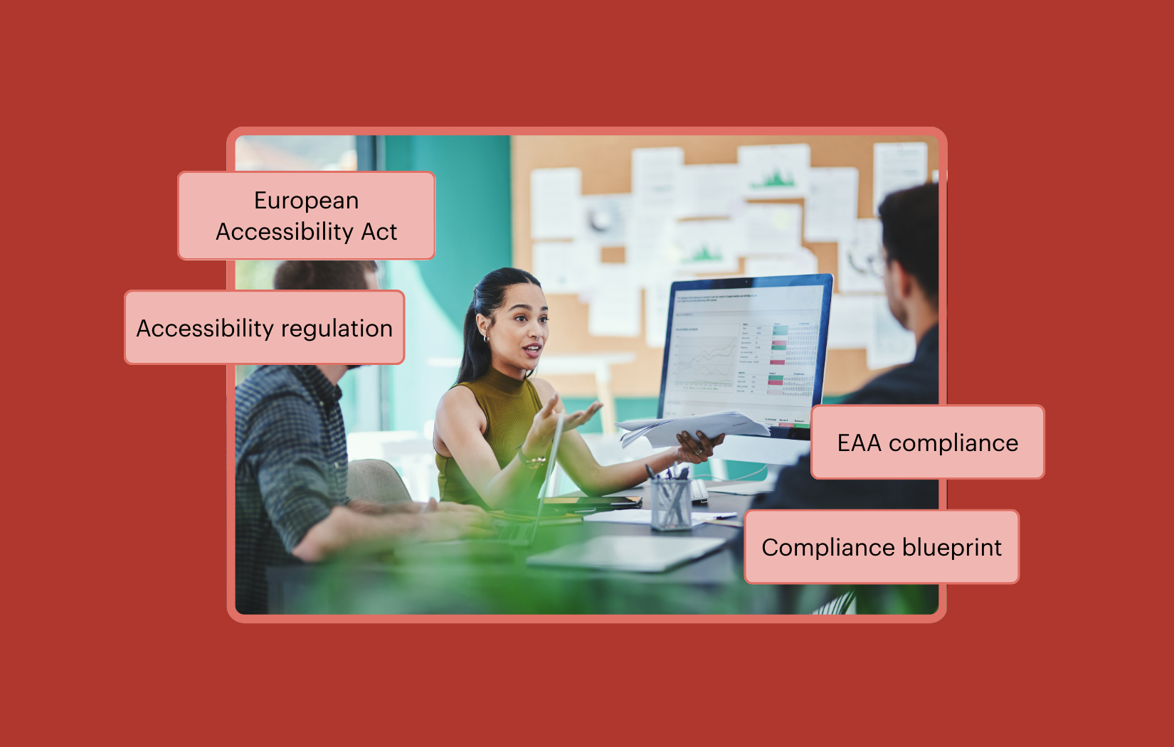 Team meeting around a computer reviewing charts and documents. The callout text reads European Accessibility Act, Accessibility regulation, EAA compliance, and Compliance blueprint.