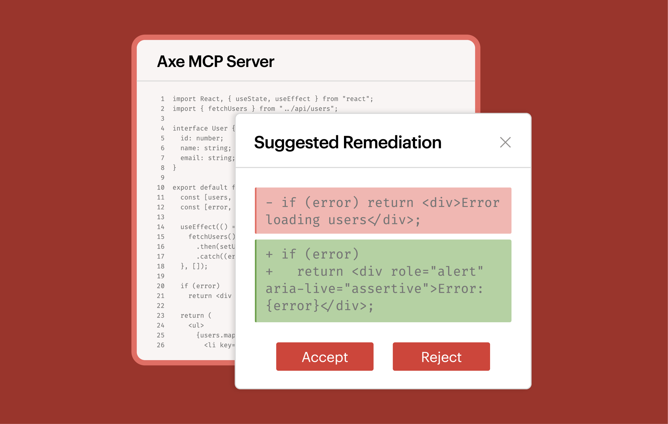 Axe MCP Server interface suggesting accessible code remediation with an updated code example using ARIA attributes with a callout that reads Fact Sheet.
