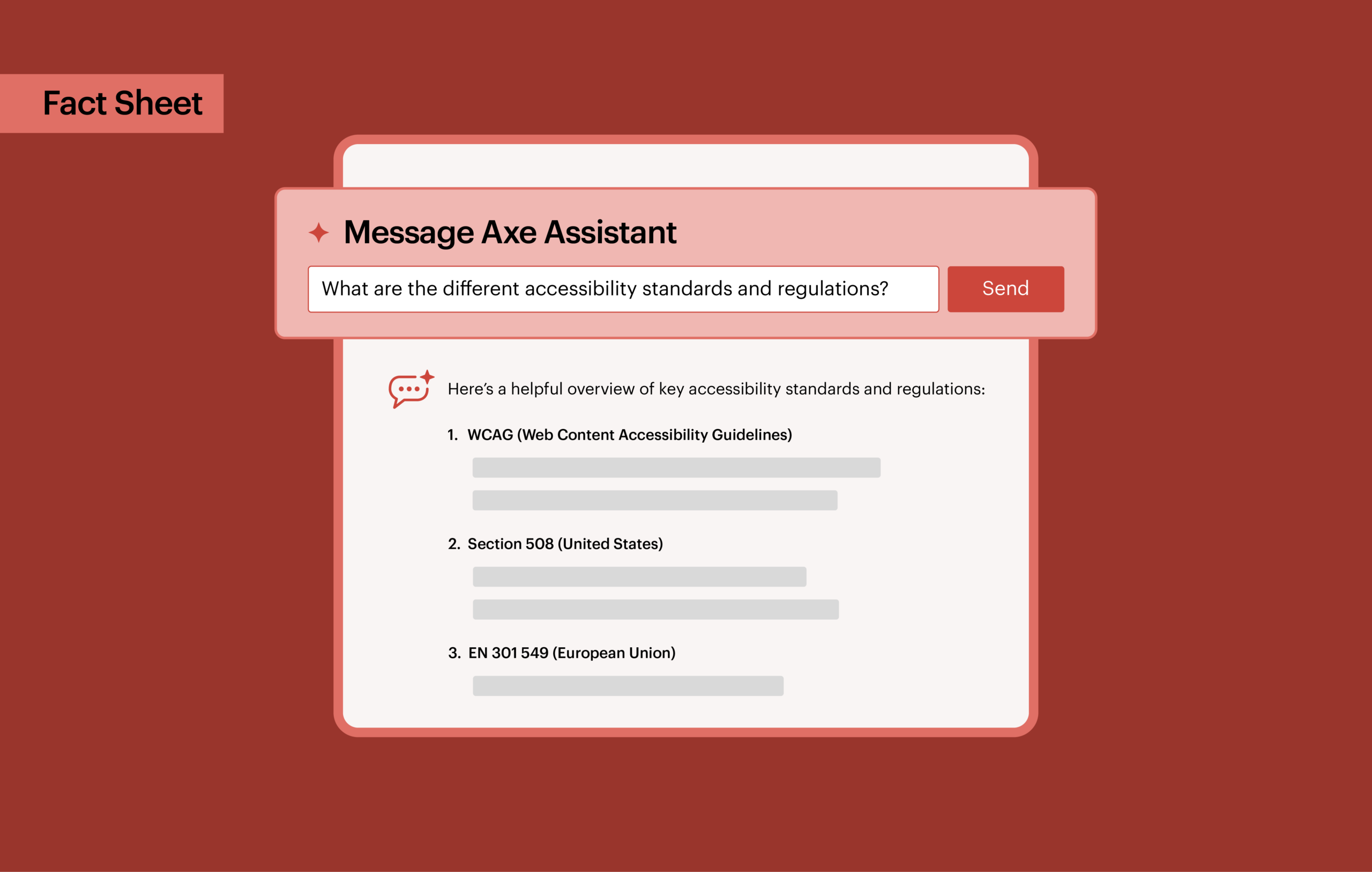 Axe Assistant interface showing a prompt asking about accessibility standards with a generated overview listing WCAG, Section 508, and EN 301 549 with a callout that reads Fact Sheet.