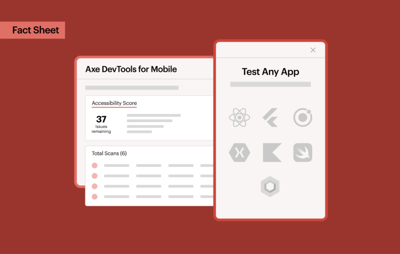 Axe DevTools for Mobile interface showing an accessibility score, scan results, and supported mobile frameworks for testing apps with a callout that reads Fact Sheet.