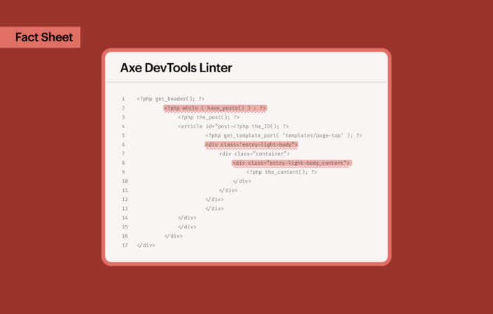 Axe DevTools Linter highlighting accessibility issues directly within code in a development editor with a callout that reads Fact Sheet.