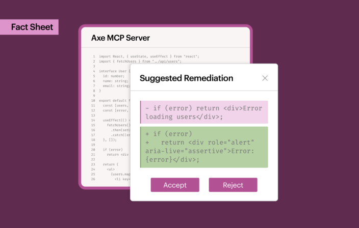 Axe MCP Server interface suggesting accessible code remediation with an updated code example using ARIA attributes with a callout that reads Fact Sheet.