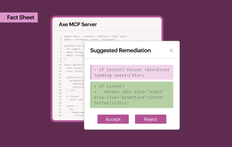 Axe MCP Server interface suggesting accessible code remediation with an updated code example using ARIA attributes with a callout that reads Fact Sheet.