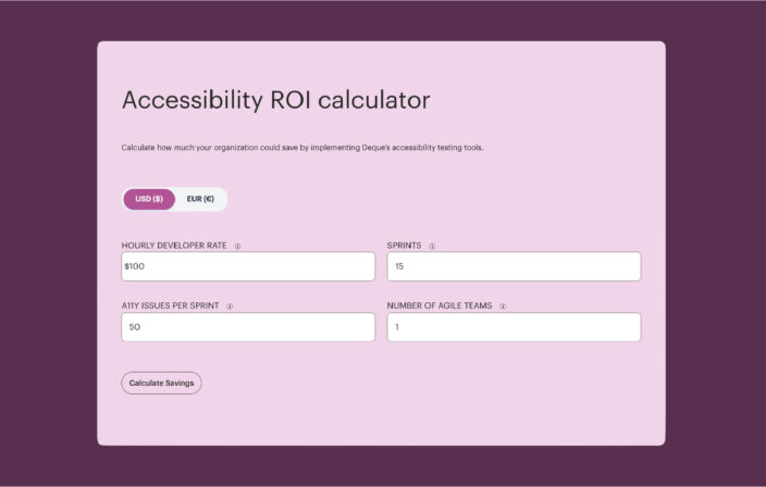Accessibility ROI calculator interface used to estimate cost savings from implementing accessibility testing tools.