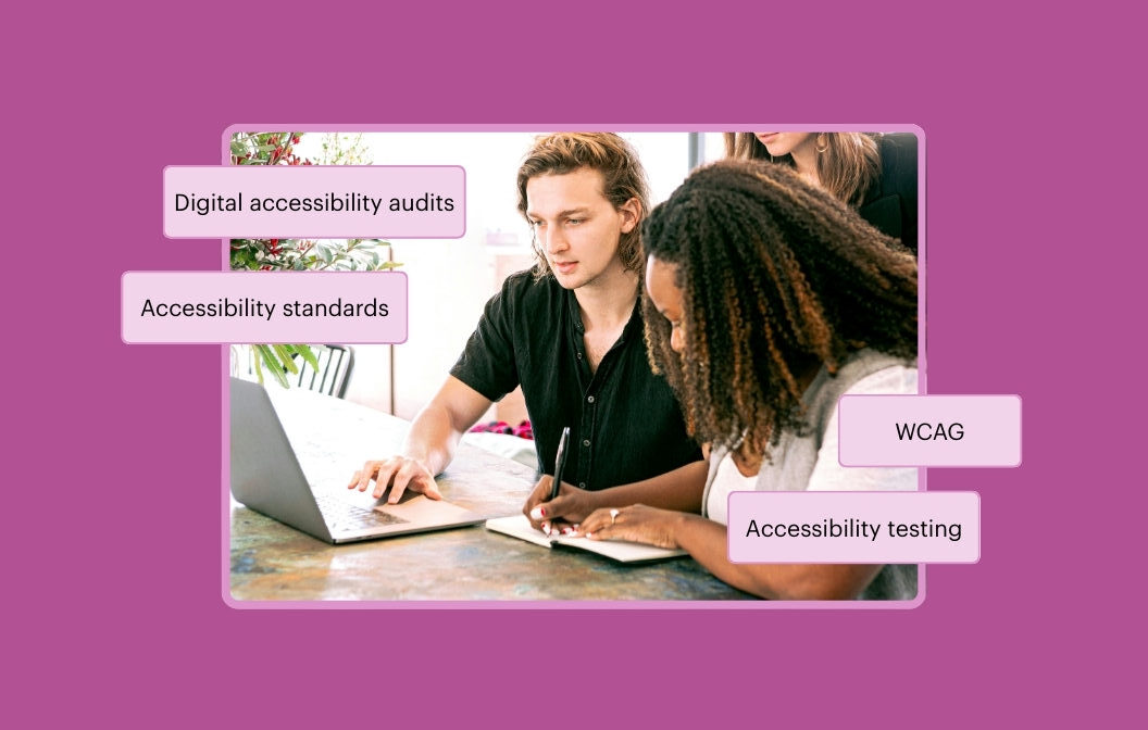 Colleagues reviewing documents and a laptop during a discussion. The callout text reads Digital accessibility audits, Accessibility standards, WCAG, and Accessibility testing.