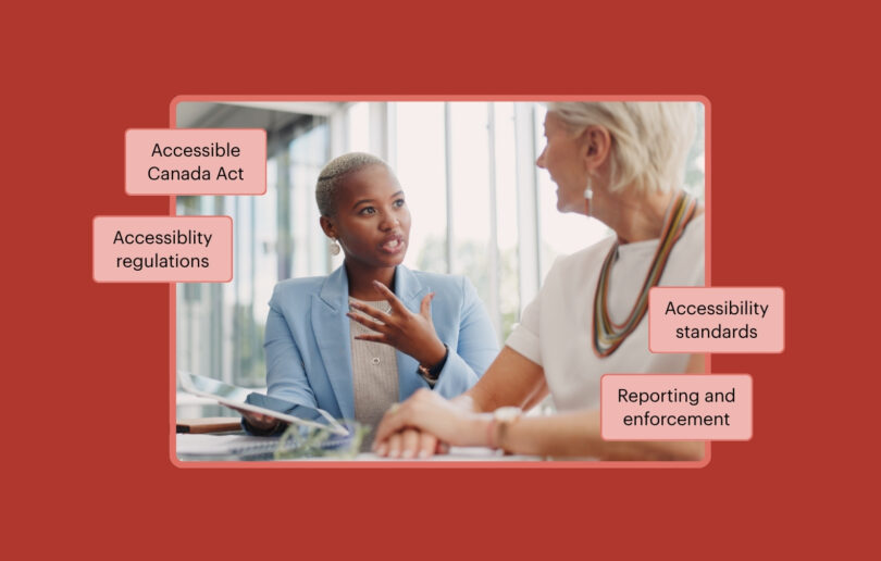 Two individuals discussing healthcare, overlaid with four text callout boxes featuring the words: Accessible Canada Act, Accessibility regulations, Reporting and enforcement, and Accessibility standards.