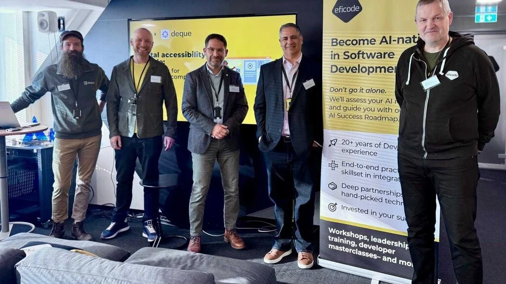 Derrin Evers (Senior Solution Consultant, Deque), Jussi Rämänen (VP Software and Application, Eficode), Ron Beenen (Director of Partner Development Europe, Deque), Olav Dinis (VP Sales & Strategic Partnerships Europe, Deque), and Jaakko Hyttinen (Head of Sales Finland, Eficode).