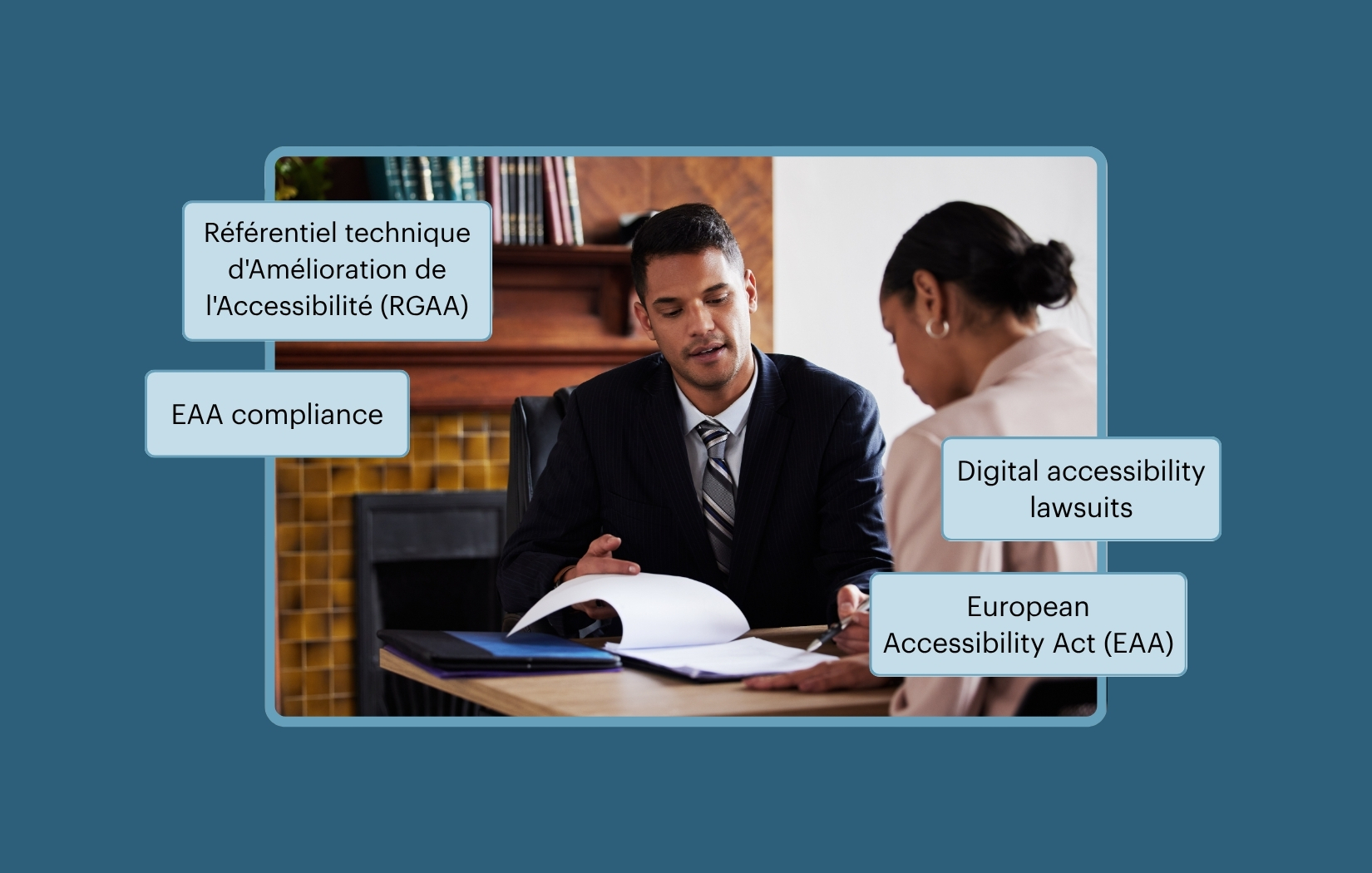 Two colleague review legal documents, surrounded by the text, Référentiel technique d'Amélioration de l'Accessibilité (RGAA), Digital accessibility lawsuits, European Accessibility Act (EAA), EAA compliance.