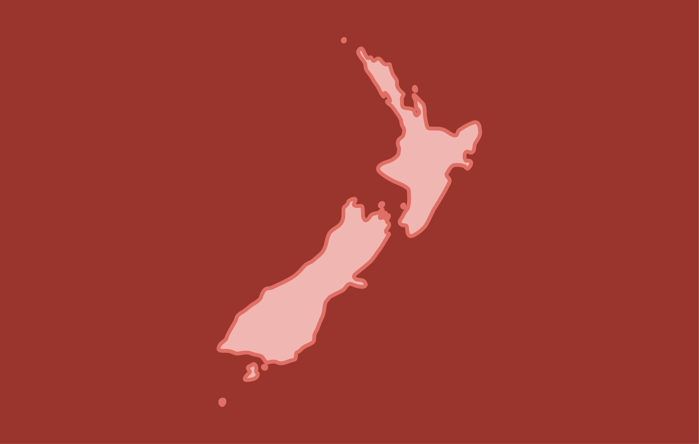 Map of New Zealand on a dark red background