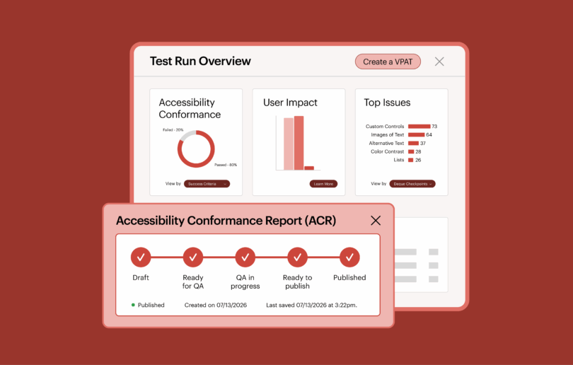 Product image of an accessibility test being run and a VPAT/ACR report being generated.