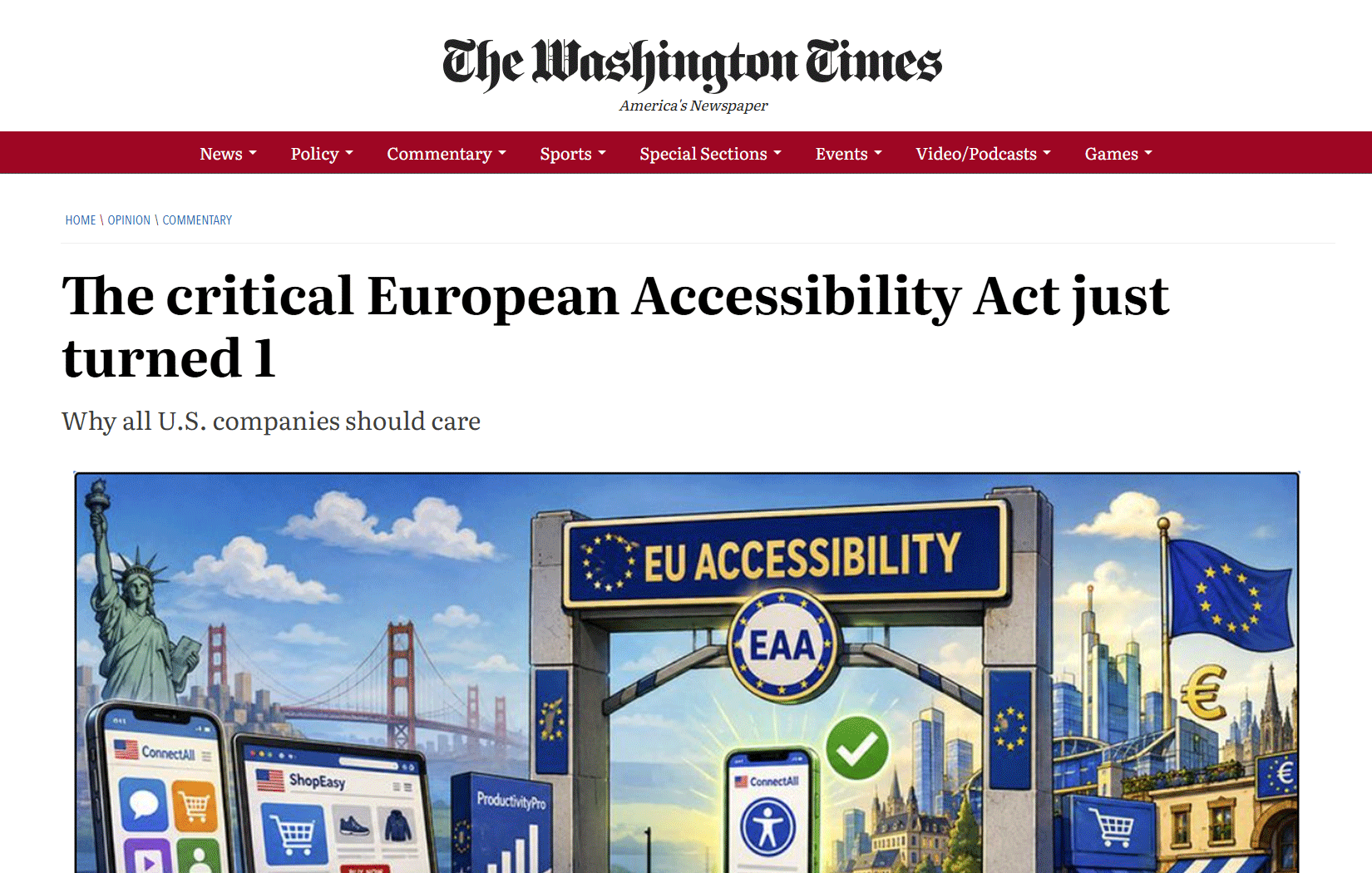 Washington Times article thumbnail. The critical European Accessibility Act just turned 1.