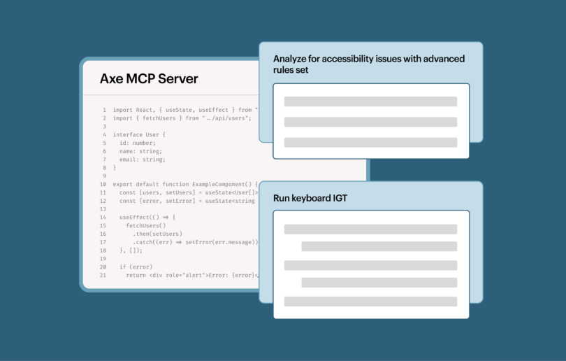 Image depicting how to use the Axe MCP Server to do two tasks, analyze for accessibility issues with advanced rules set, and run keyboard IGT