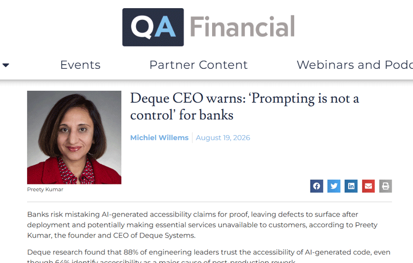 Thumbnail of article headline on QA Financial; Deque CEO warns, Prompting is not a control for banks.