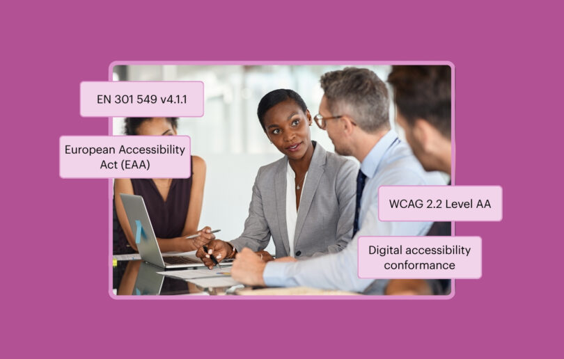 Two professionals working together in an office environment, with four overlaid call-out boxes containing the terms: EN 301 549 v4.1.1, WCAG 2.2 Level AA, The European Accessibility Act (EAA), and Digital Accessibility Conformance