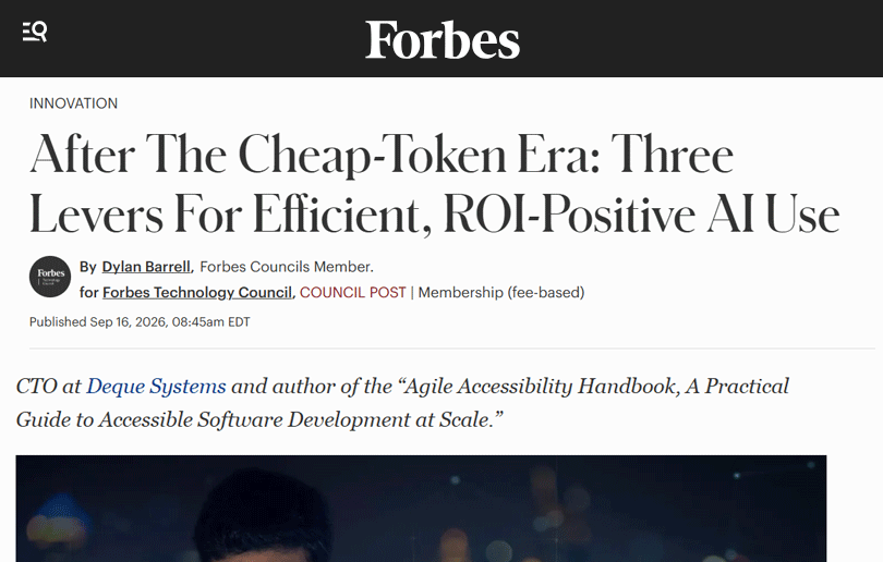 Thumbnail of article headline on Forbes: After The Cheap-Token Era: Three Levers For Efficient, ROI-Positive AI Use